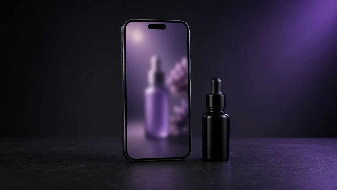 Example studio frame of a phone beside a product bottle in violet light