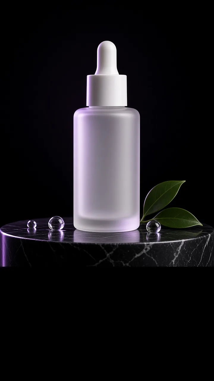 Cinematic still of the same dropper bottle